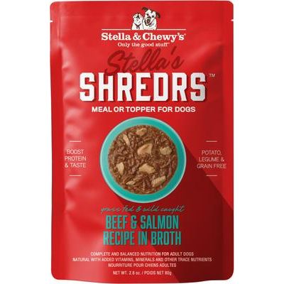 Alimento húmedo para perros adultos Stella’s Shredrs con pollo y salmón en caldo, sin jaula, bolsa de 2.8 oz, caja de 24