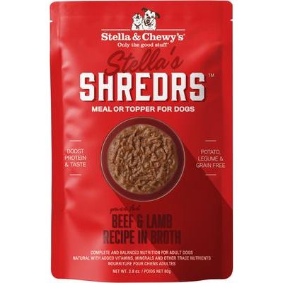 Alimento húmedo para perros adultos Stella’s Shredrs con pollo y salmón en caldo, sin jaula, bolsa de 2.8 oz, caja de 24
