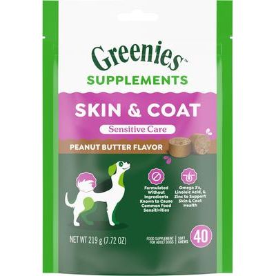 Suplemento para piel y pelaje sensible con sabor a mantequilla de maní para perros, 80 unidades