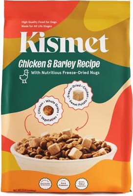 Paquete: Alimento seco para perros Kismet con pollo y cebada y nugs liofilizados (bolsa de 4 kg) + Premios liofilizados con nugs de carne y boniato (bolsa de 28 g)