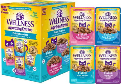 Paquete variado de entrantes apetitosos de mariscos, alimento húmedo en copos para gatos sin cereales naturales, bolsa de 1.4 oz, caja de 8