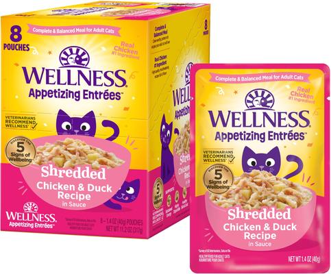 Appetizing Entrees Chicken & Duck Natural Grain-Free Shredded Wet Cat Food, 1.4-oz pouch, case of 8