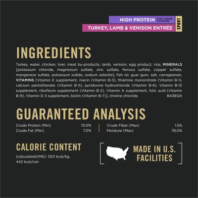 Comida húmeda para perros Sport High Protein Turkey, Lamb & Venison Entrée, lata de 13 oz, caja de 12