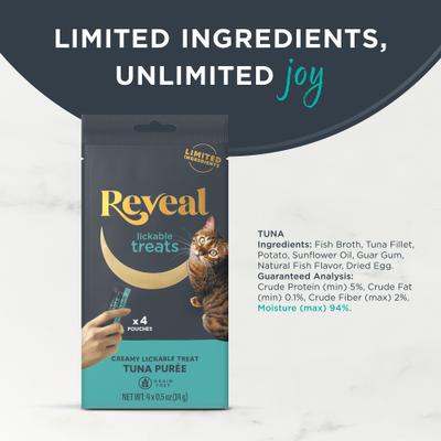 Bundle: Reveal Tuna Puree Grain-Free Lickable Treats, 0.5-oz sachet, 4 count + Reveal Chicken Puree Grain-Free Lickable Cat Treats, 0.5-oz sachet, 4 count