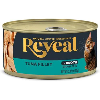 Alimento húmedo para gatos con sabor a filete de atún en caldo sin cereales, lata de 2.47 oz, caja de 24