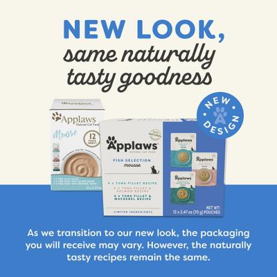 Bundle: Applaws Fish Selection Mousse Variety Pack Limited Ingredient Wet Food, 2.47-oz pouch, case of 12 + Tuna Puree Lickable Cat Treats, 0.5-oz tube, 6 count