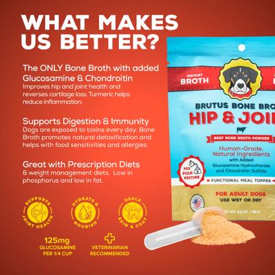Hip & Joint Beef Bone Broth Powder with Glucosamine Dog Food Topper, 3.5-oz pouch