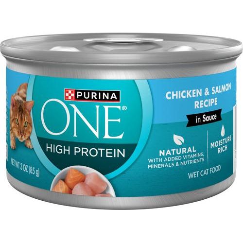 Alimento húmedo natural para gatos con alto contenido proteico, paquete variado de pollo, atún, salmón y trucha, 3 oz, caja de 24