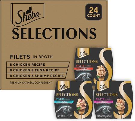 Selections Filets in Broth Chicken & Chicken with Tuna Variety Pack Grain-Free Cat Meal Complement, 1.3-oz tray, case of 8