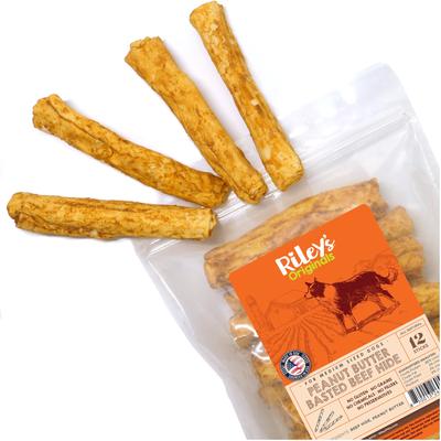 Golosinas masticables naturales para perros con piel de res bañada en mantequilla de maní, tamaño mediano, 12 unidades