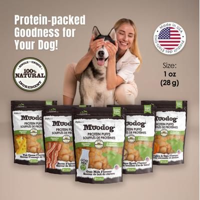 Bocadillos crujientes de proteína de res Moodog con sabor a leche de cabra, bolsa de 28 g