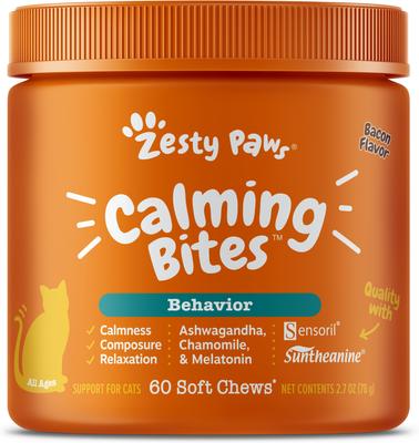Bundle: Zesty Paws Wild Alaskan Salmon Oil Formula Liquid Skin & Coat Supplement, 32-oz bottle + Calming Bites Bacon Flavored Soft Chews Supplement for Cats, 60 count