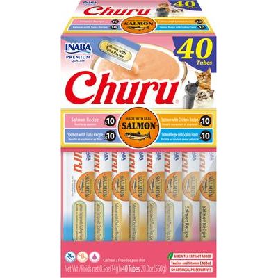 Churu - Puré de salmón para lamer, premios para gatos sin cereales, tubo de 0.5 oz, 24 unidades
