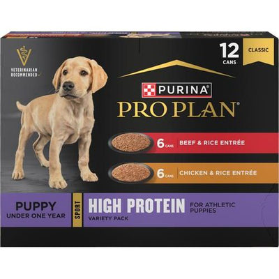 Alimento húmedo para perros Sport Development Puppy High Protein Beef & Rice Entrée y Chicken & Rice Entrée Variety Pack, lata de 13 oz, caja de 12