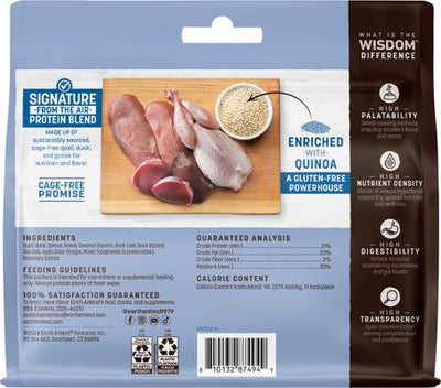 Receta de tiras de cecina natural premium Wisdom, secadas al aire, para perros, con codorniz, pato y ganso, bolsa de 4 oz