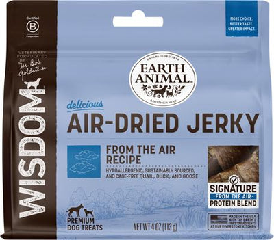 Receta de tiras de cecina natural premium Wisdom, secadas al aire, para perros, con codorniz, pato y ganso, bolsa de 4 oz