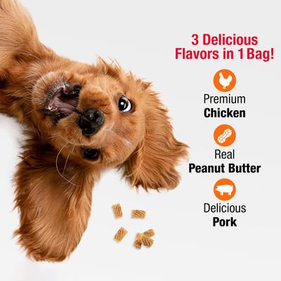 Triple Flavor Mini Churro Style Twists Chicken, Peanut Butter & Pork Gourmet Crunchy Dog Treats, 100 count