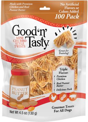 Triple Flavor Mini Churro Style Twists Chicken, Peanut Butter & Pork Gourmet Crunchy Dog Treats, 100 count
