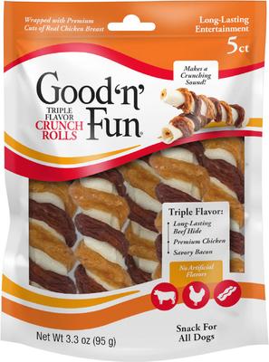 Triple Flavor Chicken, Bacon & Beef Dog Treat Chew Crunch Rolls, 5 count