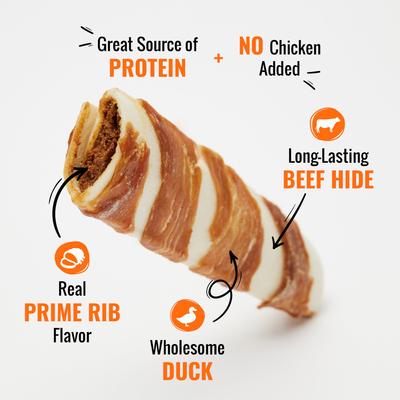 Triple Flavor Stuffed Ribs Beef, Duck & Prime Rib Dog Treat Chews, 4 count