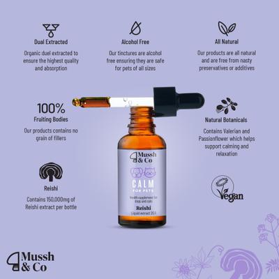 Mussh & Co Calm Reishi Mushroom Liquid Supplement for Dogs & Cats, 1.69-fl oz bottle