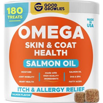 Suplemento masticable para la piel y el pelaje de perros con sabor a salmón para aliviar la alergia y la picazón, 180 unidades