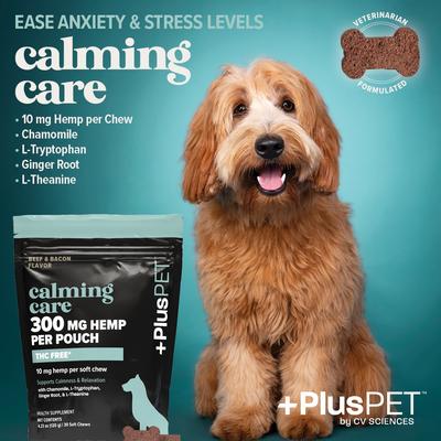 Pet Calming Care - Masticable suave con sabor a carne y tocino, extracto de cáñamo de espectro completo, suplemento calmante para perros, 30 unidades