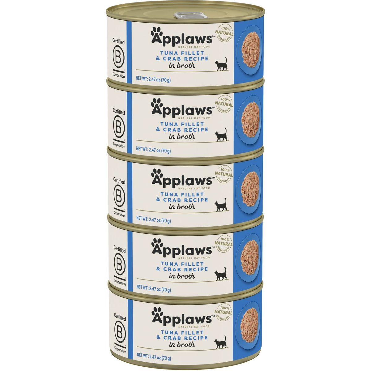 Alimento Húmedo, Ingredientes Limitados Filete de Atún y Cangrejo en Broth. 70 g, caja de 5. - Applaws