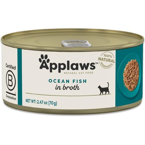 Alimento húmedo para gatos con pescado de mar en caldo, ingredientes limitados, lata de 2.47 oz, caja de 5