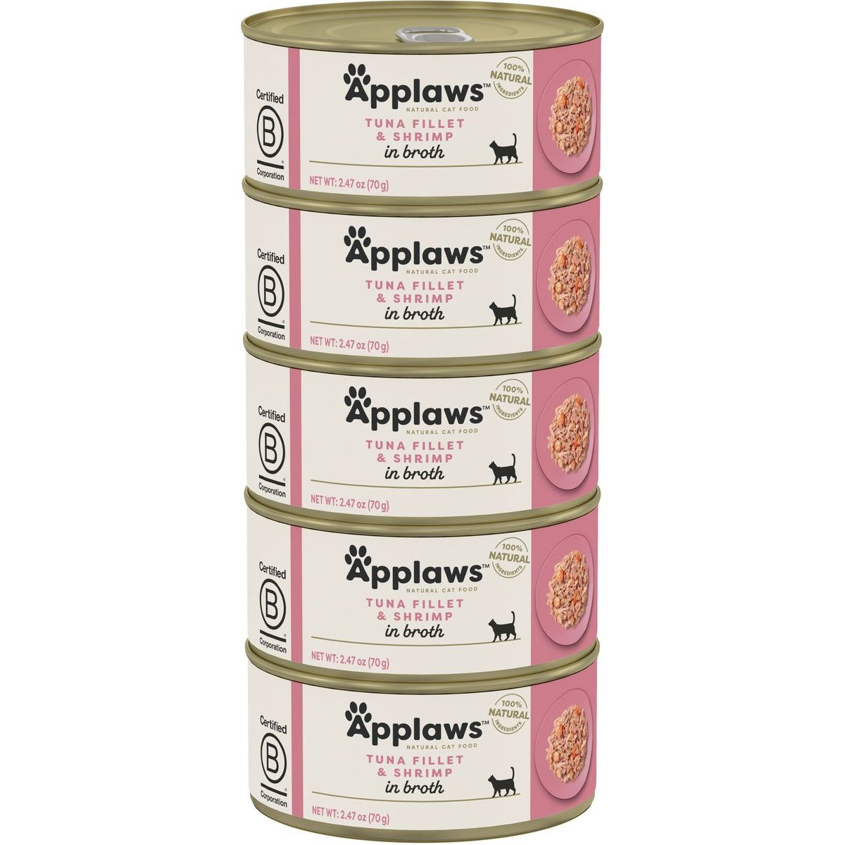 Alimento Húmedo, Ingredientes Limitados Filete de Atún y Camarón en Broth. 70 g, caja de 5. - Applaws