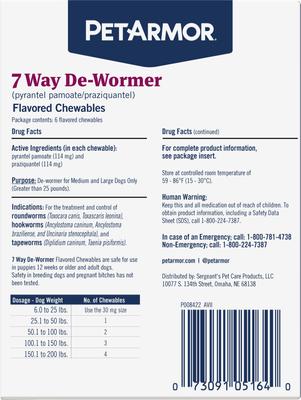 7 Way Dewormer for Hookworms, Roundworms & Tapeworms for Medium & Large Breed Dogs, 6 count
