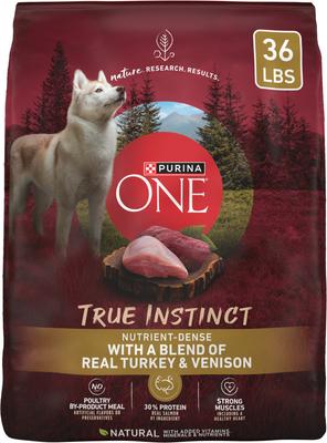 Paquete: alimento seco para perros adultos Purina ONE True Instinct con pavo y venado real, alto en proteínas + premios Milk-Bone Original Large Biscuit.