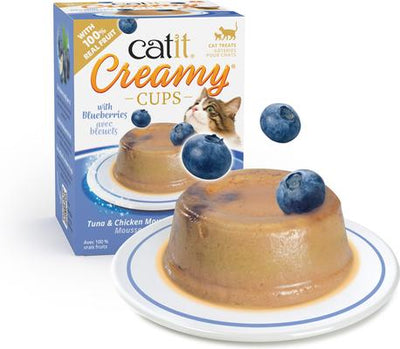 Tazas cremosas con mousse de frutas, atún y pollo con premio para lamer de arándanos para gatos, taza de 0.9 oz, 4 unidades