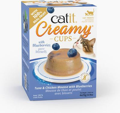 Tazas cremosas con mousse de frutas, atún y pollo con premio para lamer de arándanos para gatos, taza de 0.9 oz, 4 unidades