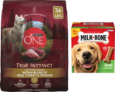 Paquete: alimento seco para perros adultos Purina ONE True Instinct con pavo y venado real, alto en proteínas + premios Milk-Bone Original Large Biscuit.