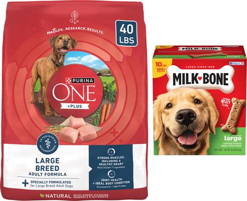 Paquete: alimento seco Purina ONE SmartBlend para adultos de razas grandes + premios Milk-Bone Original Large Biscuit para perros