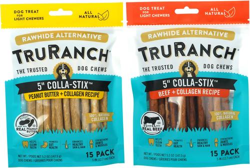 Bundle: TruRanch Chicken Collagen Sticks Hard Chew Treats, 5-in, 15 count + Beef Collagen Sticks Hard Chew Treats, 5-in, 15 count + Peanut Butter Collagen Sticks Hard Chew Dog Treats, 5-in, 15 count