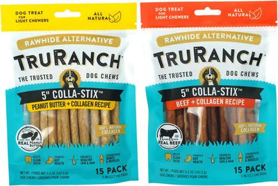 Bundle: TruRanch Chicken Collagen Sticks Hard Chew Treats, 5-in, 15 count + Beef Collagen Sticks Hard Chew Treats, 5-in, 15 count + Peanut Butter Collagen Sticks Hard Chew Dog Treats, 5-in, 15 count