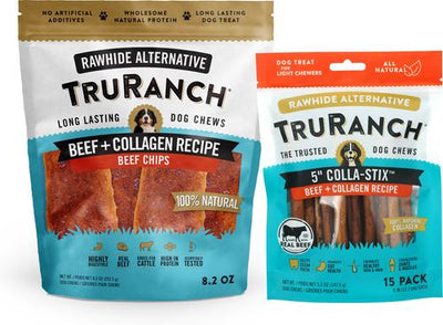 Bundle: TruRanch Beef Collagen Sticks Hard Chew Treats, 5-in, 15 count + Beef Collagen Chips Hard Chew Dog Treats, 6-in, 8.2-oz bag