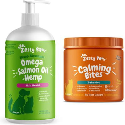 Bundle: Zesty Paws All Ages Calming Bites Behavior Bacon Flavor Cat Supplement, 60 count + Zesty Paws Hemp Elements Salmon Flavored Omega Oil + Hemp Dog & Cat Supplement, 32-oz bottle