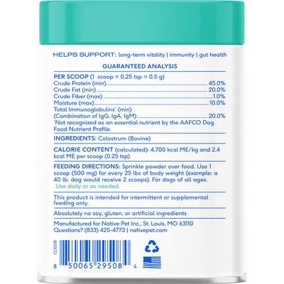 Native Pet, Colostrum, Calostro Bovino Entero para Inmunidad, Digestión y Alergias, Perros, 120 scoops (62 g)