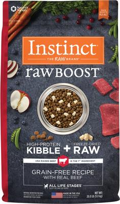 Paquete: Alimento seco Instinct Raw Boost con carne de res real y trozos crudos liofilizados + Alimento para perros con bocados crudos congelados con carne de res real