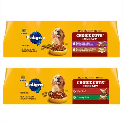 Paquete: Paquete variado de cortes selectos de carne de res y estofado campestre con salsa Pedigree + Paquete variado de alimento húmedo enlatado para perros con sabor a costilla de primera, arroz y vegetales y pollo asado, 13.2 oz, caja de 24