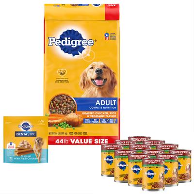 Paquete: Paquete básico de comida y premios para perros: alimento enlatado Pedigree Gravy Country Stew, alimento seco de pollo, arroz y verduras, premios dentales de pollo
