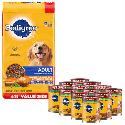 Paquete: Comida enlatada Pedigree Choice Cuts in Gravy Country Stew + Alimento seco para perros con sabor a pollo asado, arroz y vegetales con nutrición completa