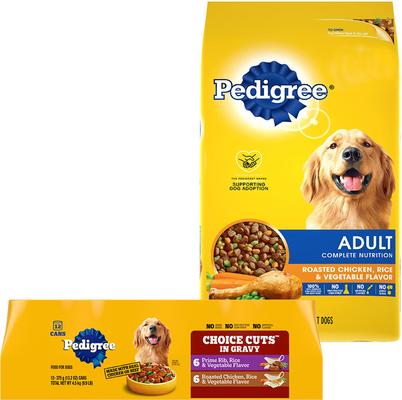 Bundle: Pedigree Adult Complete Nutrition Chicken Flavor Dry Dog Food + Homestyle Meals Prime Rib, Rice & Vegetable Flavor in Gravy & Roasted Chicken, Rice & Vegetable Flavor in Gravy Canned Soft Wet Food Variety Pack