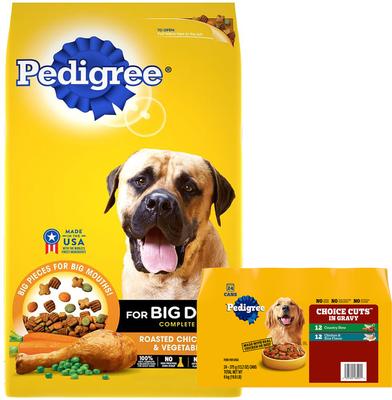 Paquete: Alimento seco para perros Pedigree Big Dogs Adult Complete Nutrition con sabor a pollo asado para razas grandes + Paquete variado de alimento húmedo enlatado con cortes selectos en salsa, estofado campestre y pollo con arroz.