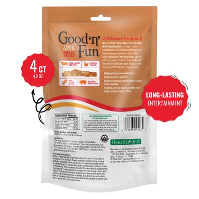 Chicken Wrapped Small Rolls Triple Flavor Chicken, Peanut Butter & Pork Dog Treat Chew, 4 Count