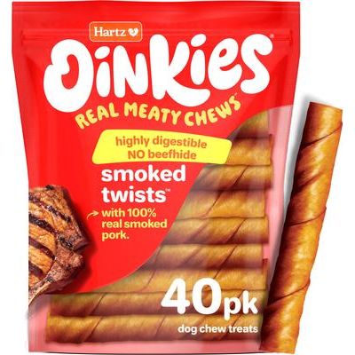 Oinkies Smoked Twists - Golosinas naturales para perros 100 % de cerdo ahumado real sin cuero crudo, 40 unidades