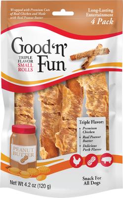 Chicken Wrapped Small Rolls Triple Flavor Chicken, Peanut Butter & Pork Dog Treat Chew, 4 Count